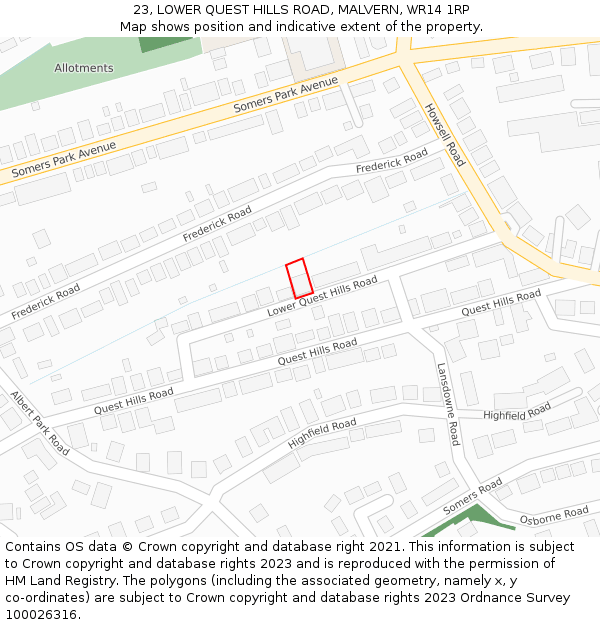 23, LOWER QUEST HILLS ROAD, MALVERN, WR14 1RP: Location map and indicative extent of plot