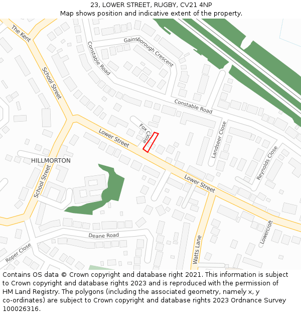 23, LOWER STREET, RUGBY, CV21 4NP: Location map and indicative extent of plot