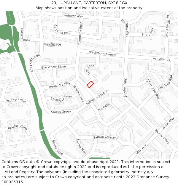 23, LUPIN LANE, CARTERTON, OX18 1GX: Location map and indicative extent of plot