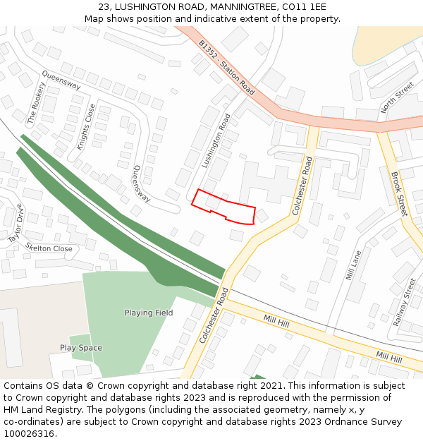 23, LUSHINGTON ROAD, MANNINGTREE, CO11 1EE: Location map and indicative extent of plot