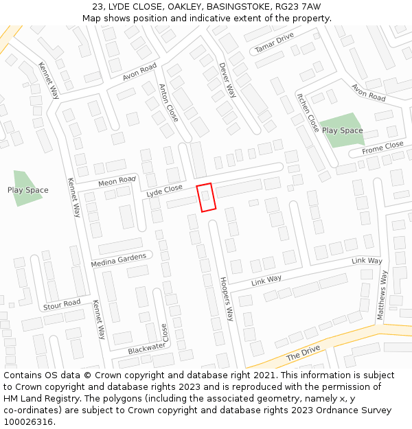 23, LYDE CLOSE, OAKLEY, BASINGSTOKE, RG23 7AW: Location map and indicative extent of plot