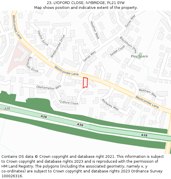 23, LYDFORD CLOSE, IVYBRIDGE, PL21 0YW: Location map and indicative extent of plot