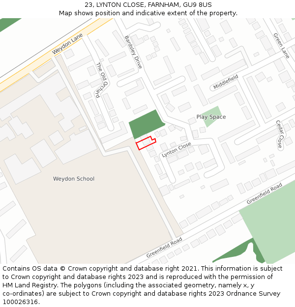23, LYNTON CLOSE, FARNHAM, GU9 8US: Location map and indicative extent of plot