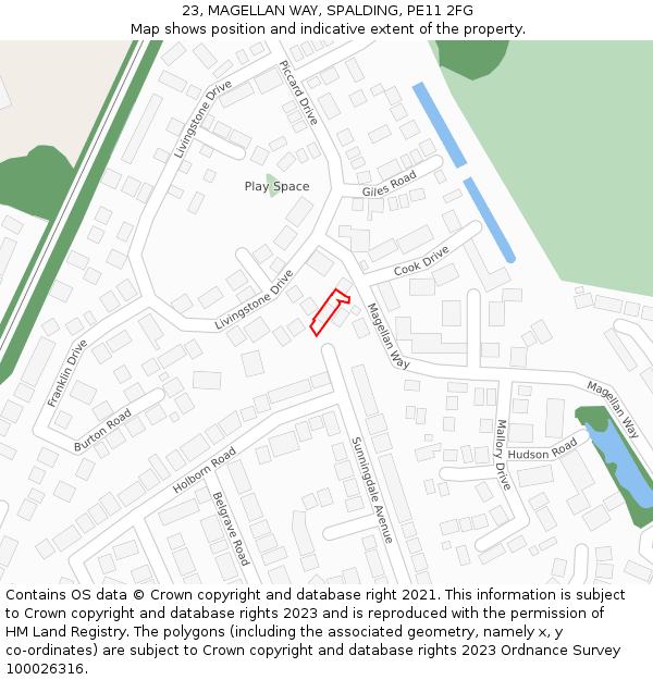 23, MAGELLAN WAY, SPALDING, PE11 2FG: Location map and indicative extent of plot