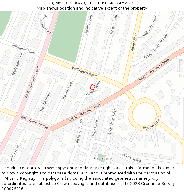 23, MALDEN ROAD, CHELTENHAM, GL52 2BU: Location map and indicative extent of plot