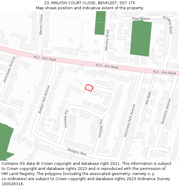 23, MALYON COURT CLOSE, BENFLEET, SS7 1TX: Location map and indicative extent of plot