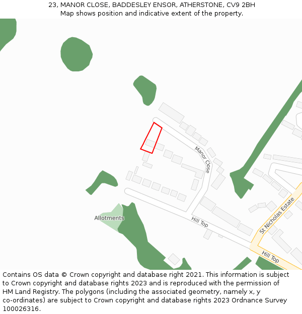 23, MANOR CLOSE, BADDESLEY ENSOR, ATHERSTONE, CV9 2BH: Location map and indicative extent of plot