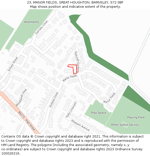 23, MANOR FIELDS, GREAT HOUGHTON, BARNSLEY, S72 0BF: Location map and indicative extent of plot