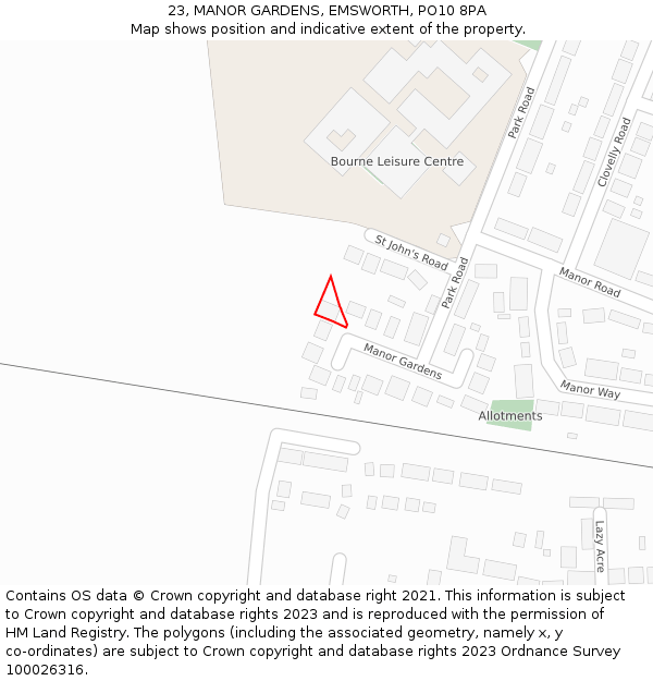 23, MANOR GARDENS, EMSWORTH, PO10 8PA: Location map and indicative extent of plot