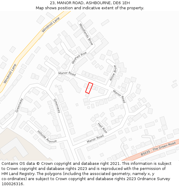 23, MANOR ROAD, ASHBOURNE, DE6 1EH: Location map and indicative extent of plot