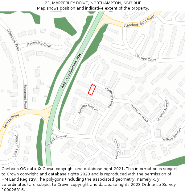 23, MAPPERLEY DRIVE, NORTHAMPTON, NN3 9UF: Location map and indicative extent of plot
