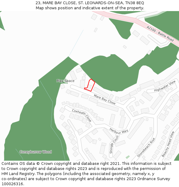 23, MARE BAY CLOSE, ST. LEONARDS-ON-SEA, TN38 8EQ: Location map and indicative extent of plot