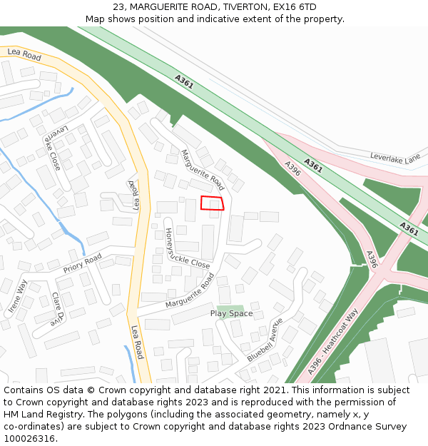 23, MARGUERITE ROAD, TIVERTON, EX16 6TD: Location map and indicative extent of plot