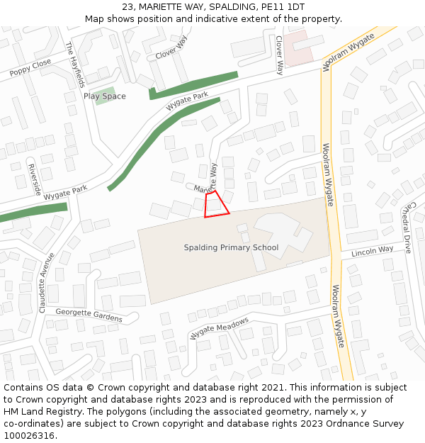 23, MARIETTE WAY, SPALDING, PE11 1DT: Location map and indicative extent of plot