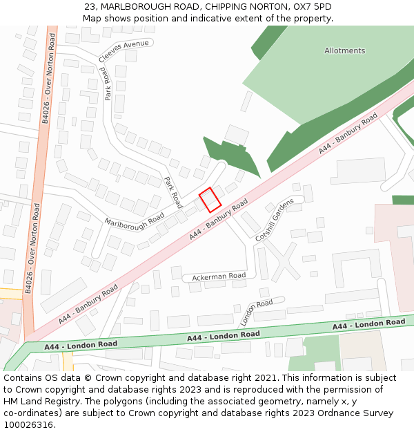 23, MARLBOROUGH ROAD, CHIPPING NORTON, OX7 5PD: Location map and indicative extent of plot