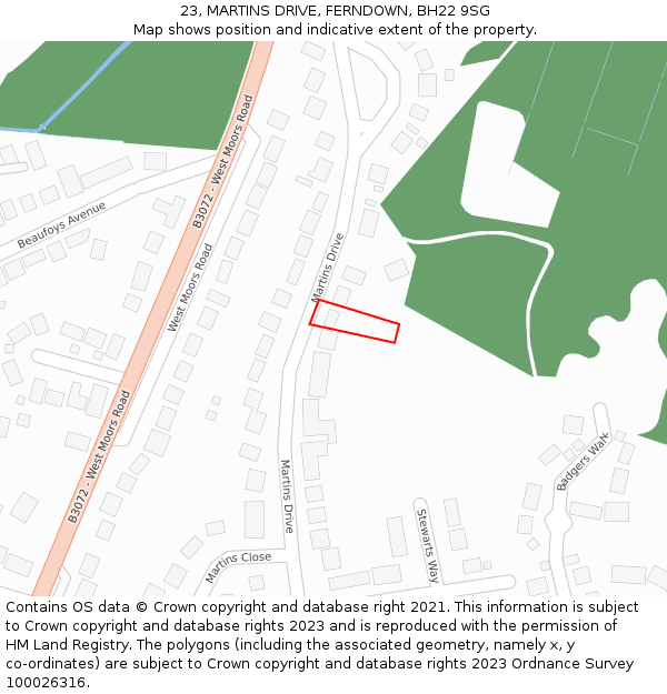 23, MARTINS DRIVE, FERNDOWN, BH22 9SG: Location map and indicative extent of plot