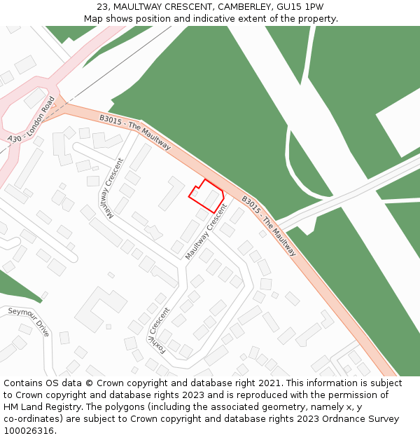 23, MAULTWAY CRESCENT, CAMBERLEY, GU15 1PW: Location map and indicative extent of plot