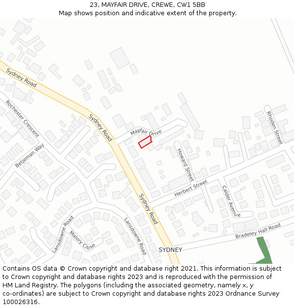 23, MAYFAIR DRIVE, CREWE, CW1 5BB: Location map and indicative extent of plot