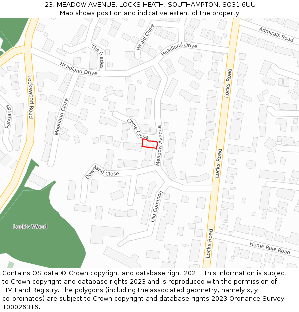 23, MEADOW AVENUE, LOCKS HEATH, SOUTHAMPTON, SO31 6UU: Location map and indicative extent of plot