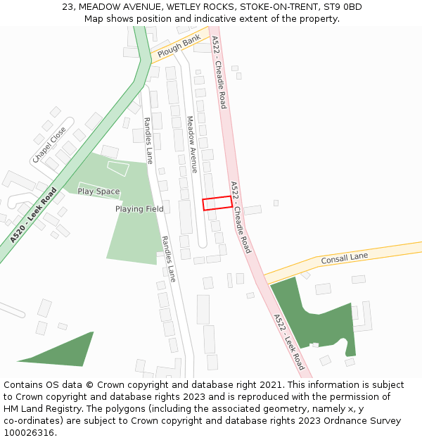 23, MEADOW AVENUE, WETLEY ROCKS, STOKE-ON-TRENT, ST9 0BD: Location map and indicative extent of plot