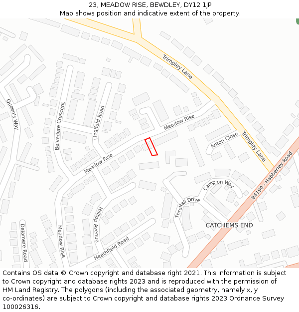 23, MEADOW RISE, BEWDLEY, DY12 1JP: Location map and indicative extent of plot