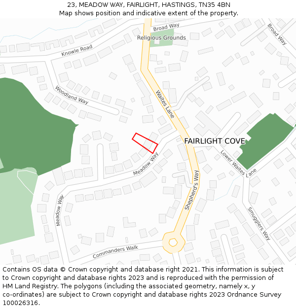 23, MEADOW WAY, FAIRLIGHT, HASTINGS, TN35 4BN: Location map and indicative extent of plot