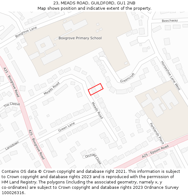 23, MEADS ROAD, GUILDFORD, GU1 2NB: Location map and indicative extent of plot