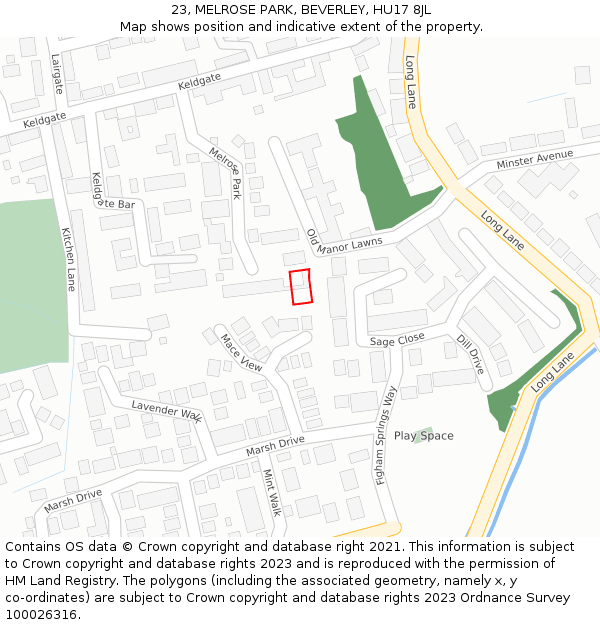 23, MELROSE PARK, BEVERLEY, HU17 8JL: Location map and indicative extent of plot