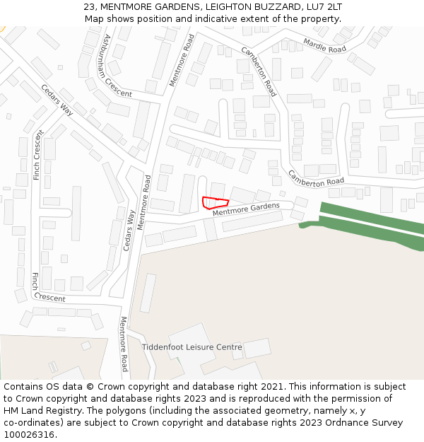 23, MENTMORE GARDENS, LEIGHTON BUZZARD, LU7 2LT: Location map and indicative extent of plot