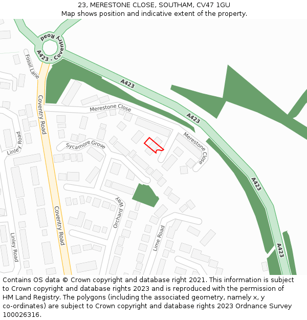 23, MERESTONE CLOSE, SOUTHAM, CV47 1GU: Location map and indicative extent of plot