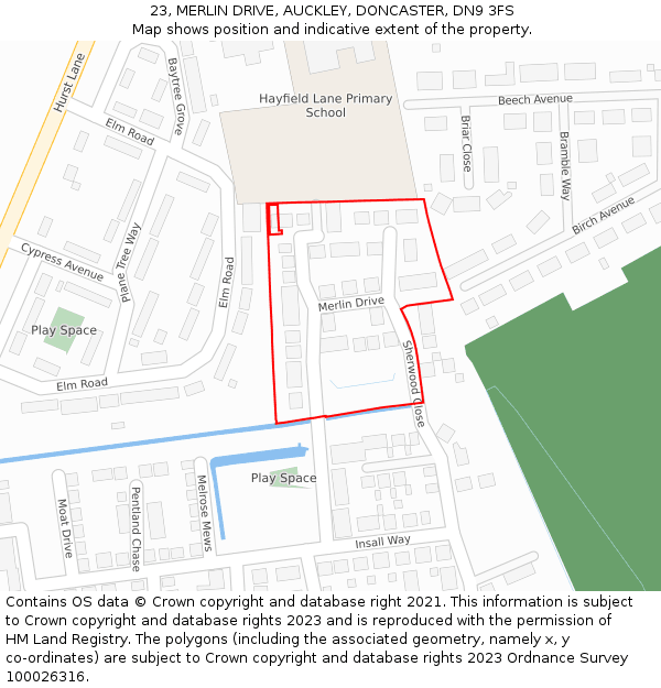 23, MERLIN DRIVE, AUCKLEY, DONCASTER, DN9 3FS: Location map and indicative extent of plot