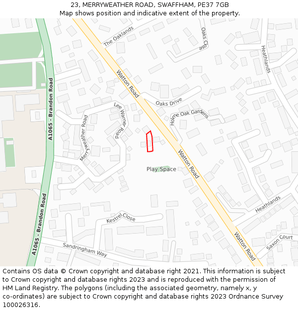 23, MERRYWEATHER ROAD, SWAFFHAM, PE37 7GB: Location map and indicative extent of plot