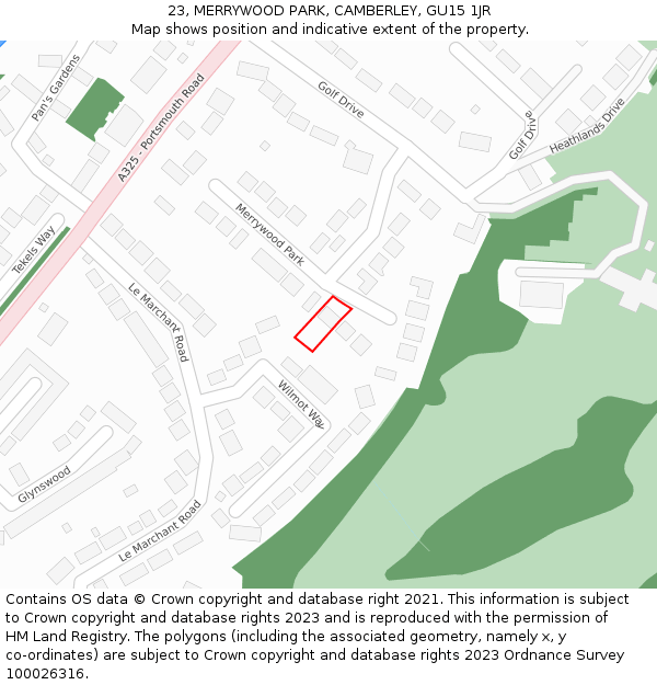 23, MERRYWOOD PARK, CAMBERLEY, GU15 1JR: Location map and indicative extent of plot