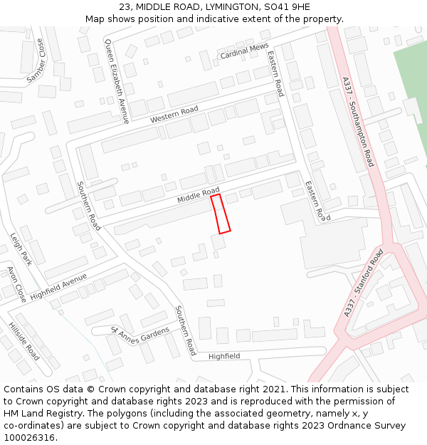 23, MIDDLE ROAD, LYMINGTON, SO41 9HE: Location map and indicative extent of plot