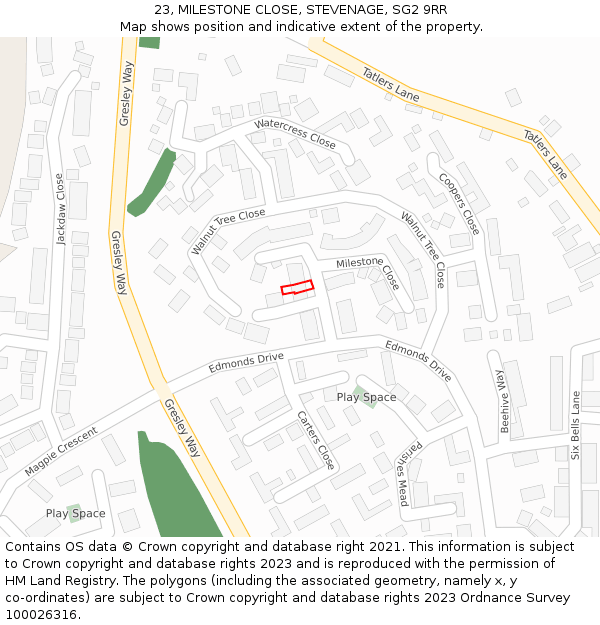 23, MILESTONE CLOSE, STEVENAGE, SG2 9RR: Location map and indicative extent of plot