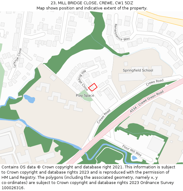 23, MILL BRIDGE CLOSE, CREWE, CW1 5DZ: Location map and indicative extent of plot