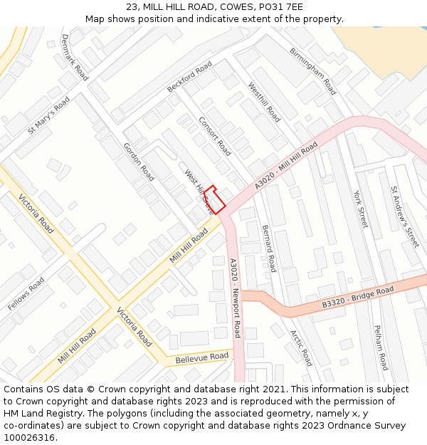 23, MILL HILL ROAD, COWES, PO31 7EE: Location map and indicative extent of plot