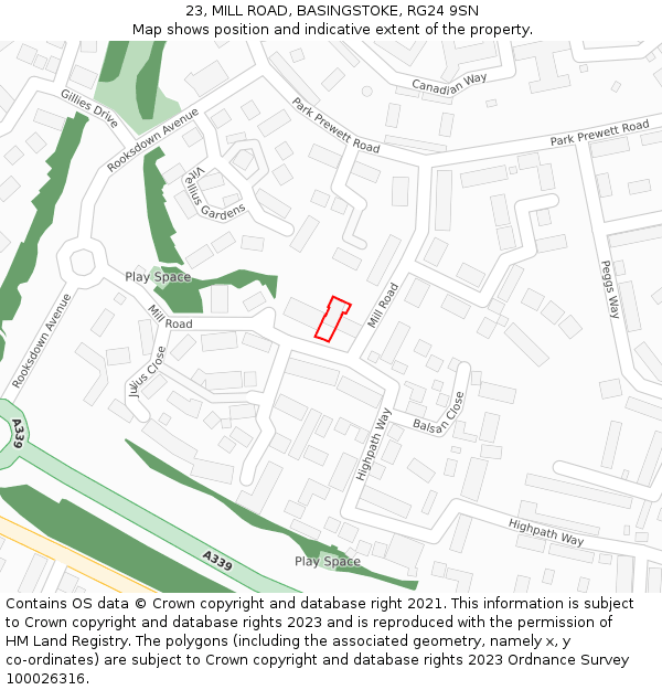 23, MILL ROAD, BASINGSTOKE, RG24 9SN: Location map and indicative extent of plot