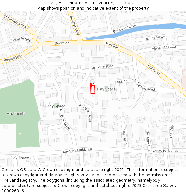 23, MILL VIEW ROAD, BEVERLEY, HU17 0UP: Location map and indicative extent of plot