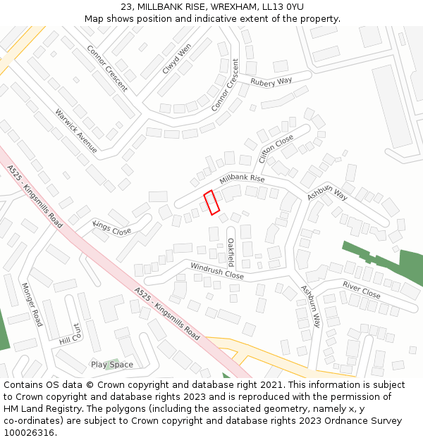 23, MILLBANK RISE, WREXHAM, LL13 0YU: Location map and indicative extent of plot