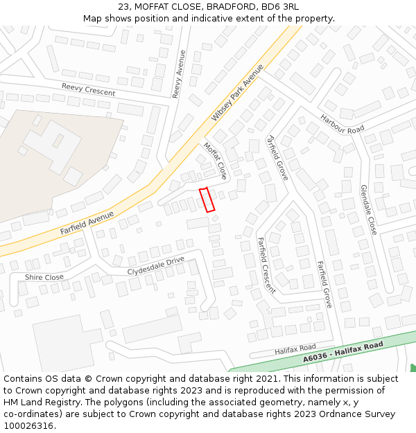 23, MOFFAT CLOSE, BRADFORD, BD6 3RL: Location map and indicative extent of plot