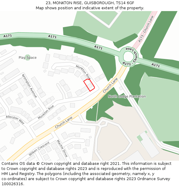 23, MONKTON RISE, GUISBOROUGH, TS14 6GF: Location map and indicative extent of plot