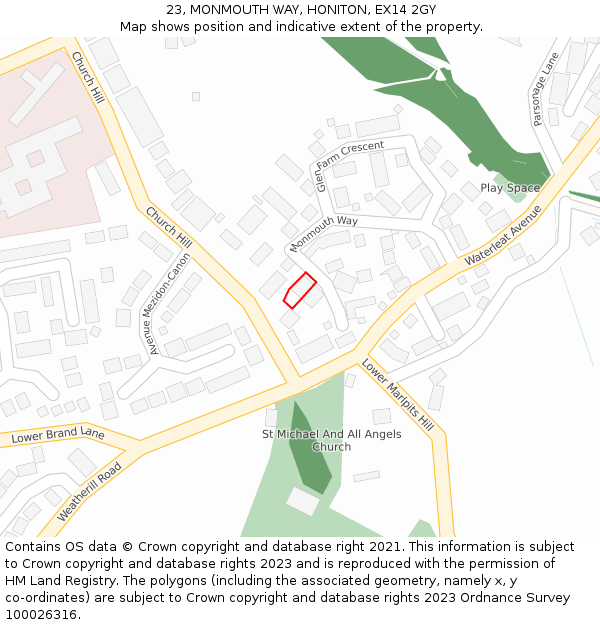 23, MONMOUTH WAY, HONITON, EX14 2GY: Location map and indicative extent of plot