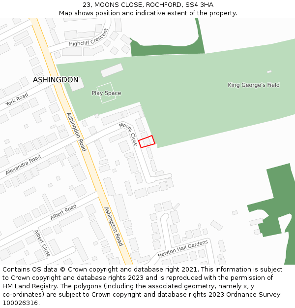 23, MOONS CLOSE, ROCHFORD, SS4 3HA: Location map and indicative extent of plot