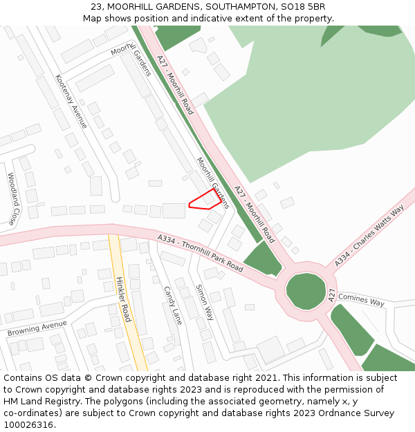 23, MOORHILL GARDENS, SOUTHAMPTON, SO18 5BR: Location map and indicative extent of plot