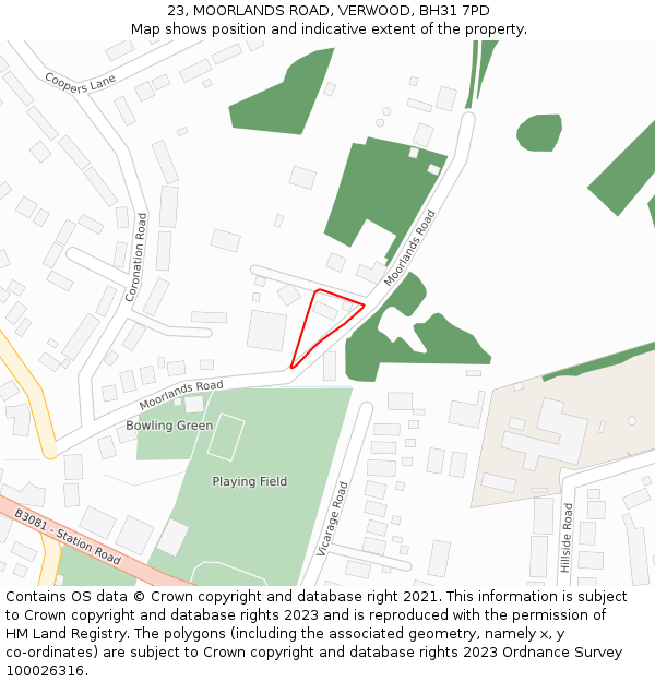 23, MOORLANDS ROAD, VERWOOD, BH31 7PD: Location map and indicative extent of plot