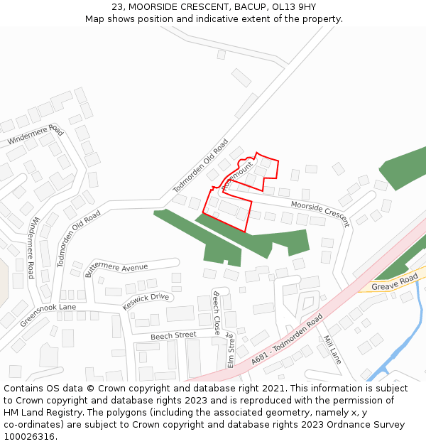 23, MOORSIDE CRESCENT, BACUP, OL13 9HY: Location map and indicative extent of plot