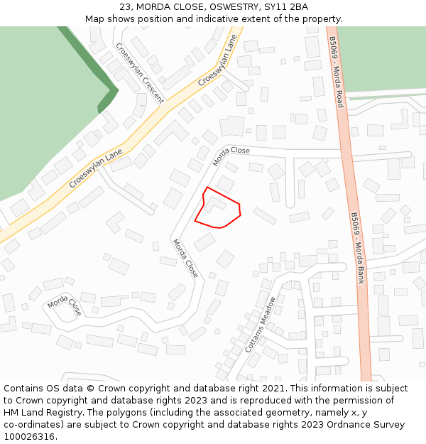 23, MORDA CLOSE, OSWESTRY, SY11 2BA: Location map and indicative extent of plot