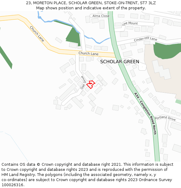 23, MORETON PLACE, SCHOLAR GREEN, STOKE-ON-TRENT, ST7 3LZ: Location map and indicative extent of plot