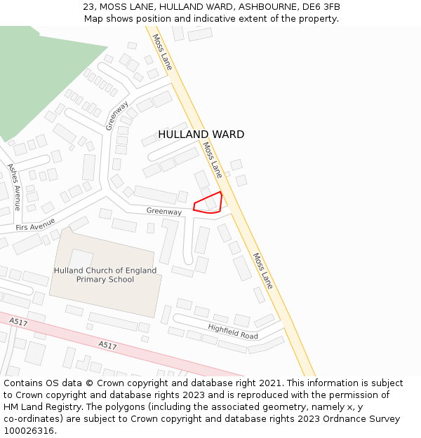 23, MOSS LANE, HULLAND WARD, ASHBOURNE, DE6 3FB: Location map and indicative extent of plot